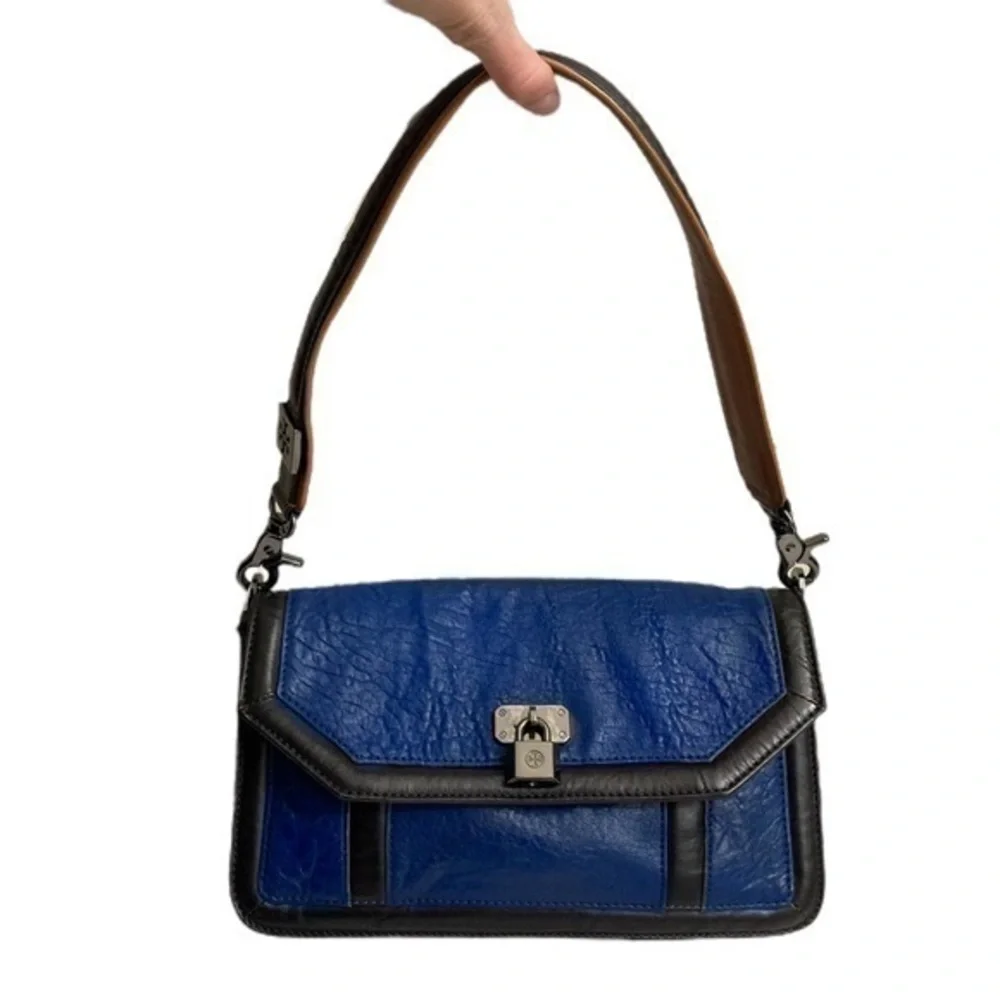 Tory Burch blue black colorblock shoulder bag gunmetal hardware